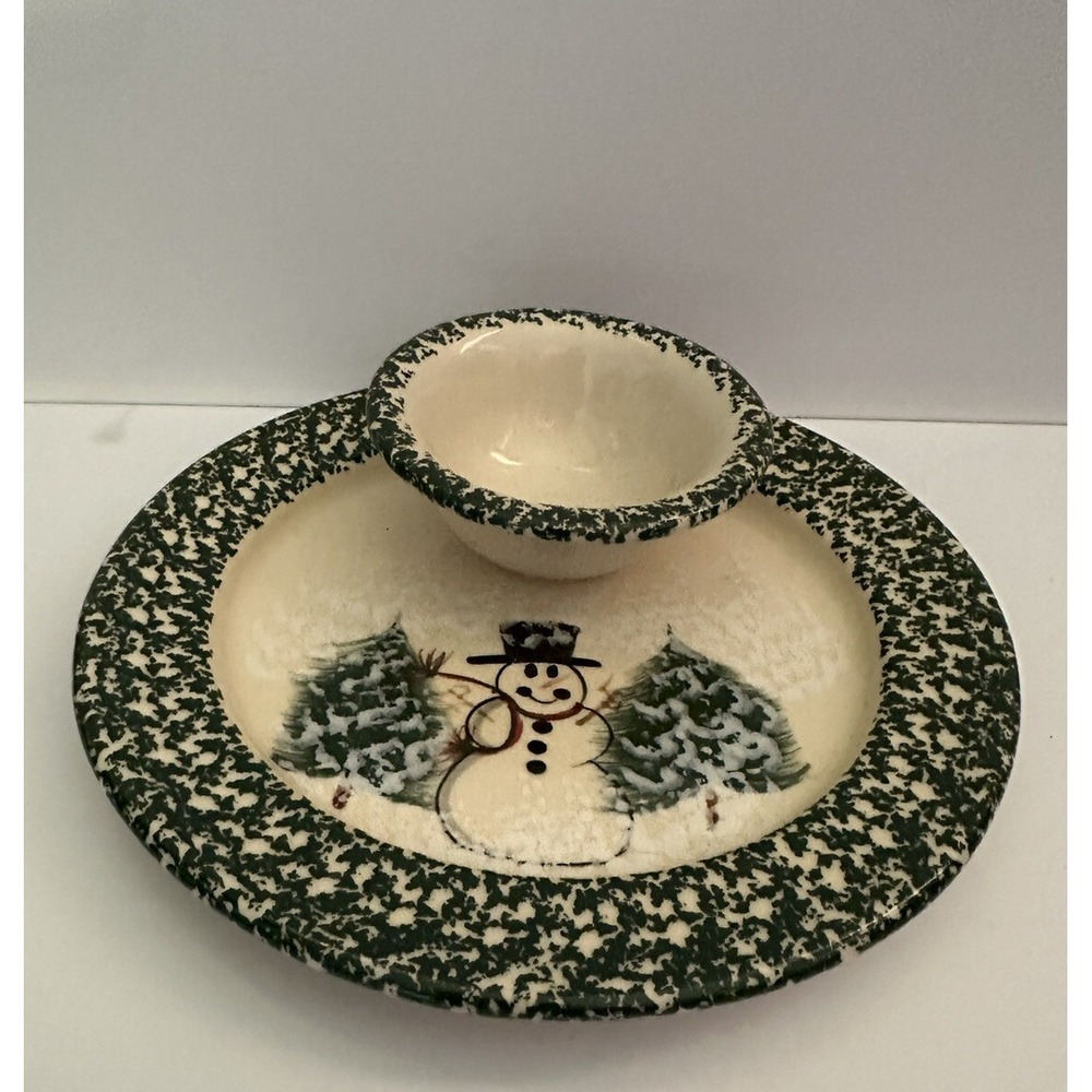 Patton Handmade Pottery 7.5" Christmas Snowman Chip & Dip Plate Holiday Party